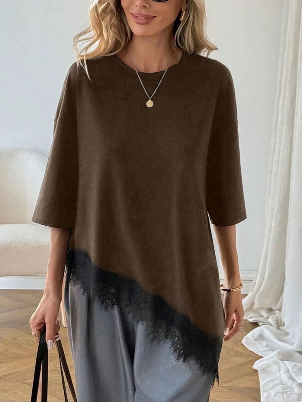 Women's Lace-Hem Top. Brown. NWOT. Sizes: S,M &L.